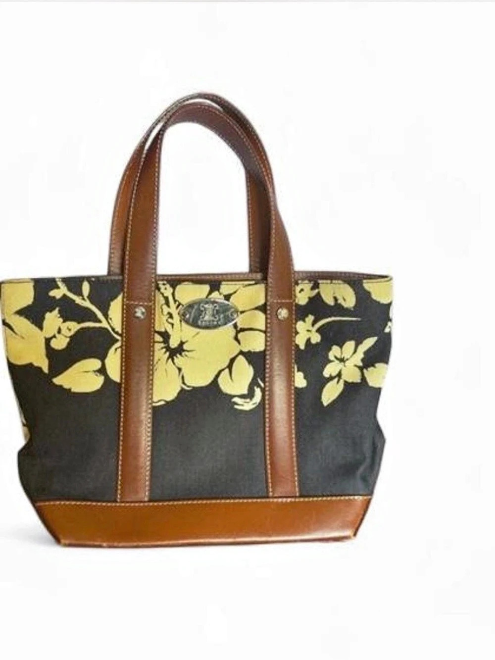 Celine SS2004 Michael Kors Era Denim Floral brown Leather Trim Tote Bag.